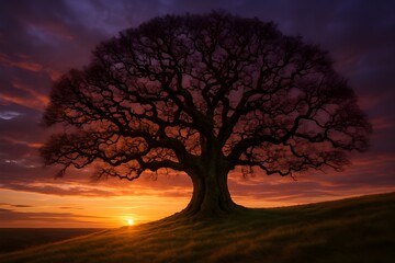 Stunning sunset silhouettes majestic old oak tree