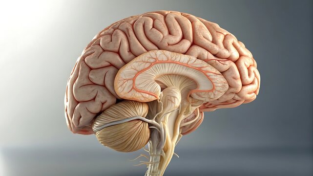 Detailed anatomical cross section of the human brain and brainstem