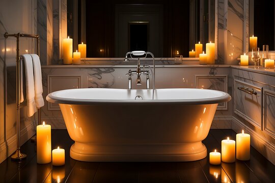 Luxurious bathroom with freestanding bathtub illuminated by numerous glowing candles illumination