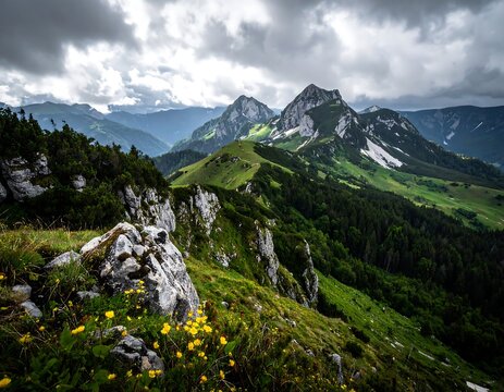 A scenic mountain landscape showcases vibrant green slopes, rocky peaks, and a moody sky filled with dramatic, dark clouds - Powered by Adobe