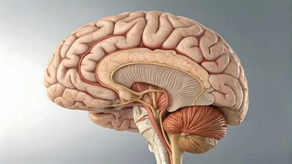 Detailed anatomical model of the human brain in sagittal view
