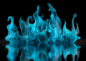 Burning blue flame close-up with smoke and reflection on black backdrop, abstract macro light movement, glowing white fire detail for modern energy theme