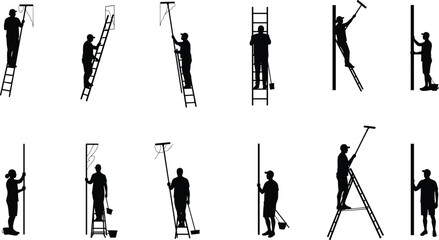 Worker silhouettes painting walls, ladders safety, construction maintenance, home improvement tools, ceiling roller, bucket equipment, renovation illustration, flat vector
