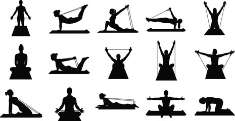 Yoga and resistance band silhouettes, fitness exercise poses, meditation stretching, wellness lifestyle, strength training balance, healthy activity, workout routine, flat vector