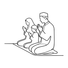 Muslim Family Praying – Continuous Line Islamic Illustration