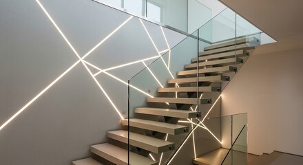Modern staircase design with integrated lighting and glass railing creating a stunning contemporary interior space, perfect for architectural visualization