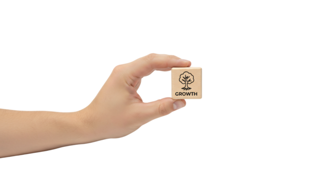 Hand Holding a Small Wooden Block with Tree Icon and the Word GROWTH, Symbolizing Business Development, Investment, Financial Nurturing, and Environmental Care