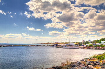 Nessebar harbor with yachts and boats in a beautiful sunny day in Nessebar, Bulgaria, Europe
