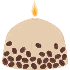 Cream Colored Bell Shaped Candle Adorned With Dark Brown Coffee Beans and Illuminated With A Bright Orange Flame Isolated On A Transparent Background