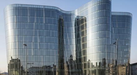 Stunning modern office building with reflective glass facade showcasing sleek architectural design and urban cityscape reflections under a clear blue sky