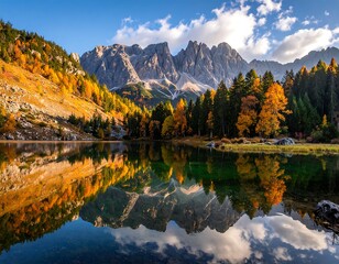 Obraz premium A scenic mountainous landscape mirrors in a calm lake, surrounded by colorful autumn foliage & evergreen trees under a blue sky