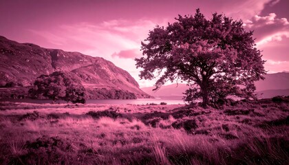A landscape featuring rolling hills and a solitary, mature tree in a field, tinted a vibrant pink hue