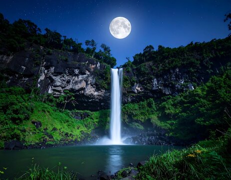 Tall waterfall cascading under a full moon at night