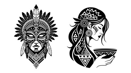 Tribal mask and woman with geometric patterns