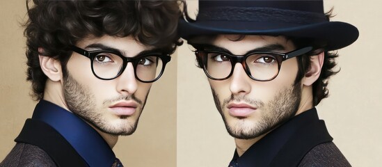 Two portraits of a man in spectacles, one with hat, facing camera, against a light background