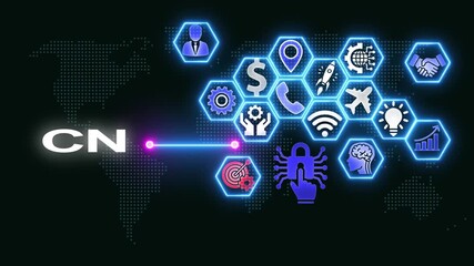 Digital World Map with Neon Hexagons and Text CN global network - Powered by Adobe