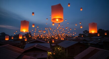Myanmar Tazaungdaing Festival, paper lanterns rising against twilight sky above village roofs