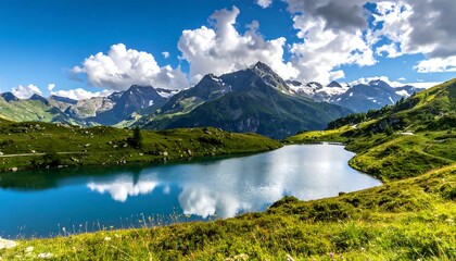 Fototapeta premium A serene alpine lake reflects fluffy white clouds and imposing, rugged mountain peaks under a brilliant blue sky. Verdant vegetation