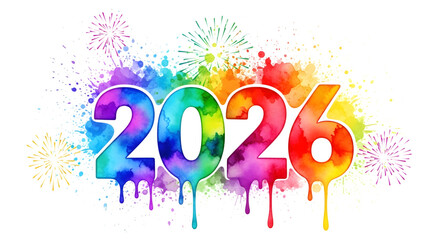Vibrant rainbow watercolor splatter year 2026 with fireworks on black background