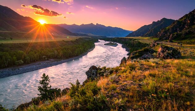 A scenic riverside view at sunset. Sunlight radiates across a flowing river flanked by mountains and green foliage