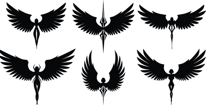 Winged female angel silhouettes vector, black fantasy art, goddess figure design, flying wings illustration, celestial, spiritual, tattoo, gothic concept