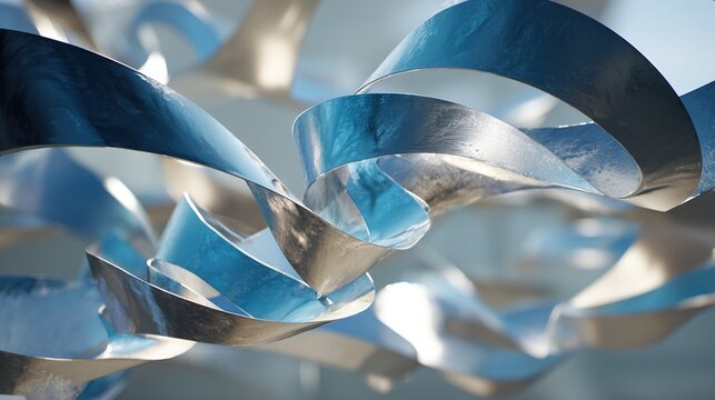 Twisted abstract silver and blue metallic ribbons sculpture close up detail background.