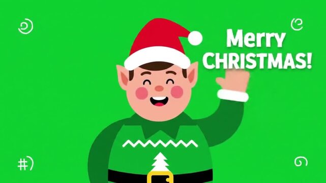 Cartoon illustration of a smiling Christmas elf wearing a red hat and green outfit, waving his hand with the text "Merry Christmas!".