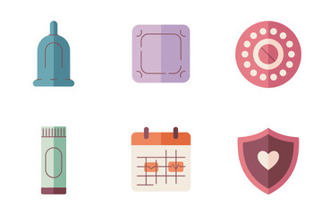 Detailed flat vector icons for safe sex, showing condom, pills, shield, representing reproductive health and protection,