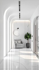 Bright hallway with arched details, chair, and plant