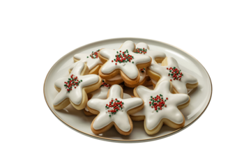 Festive star shaped cookies decorated with icing and sprinkles isolated on transparent background