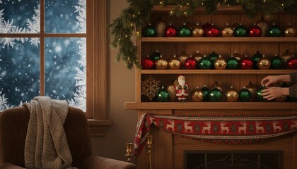 Child's hands decorating Christmas ornaments on a wooden shelf in a cozy festive room with a snowy window.