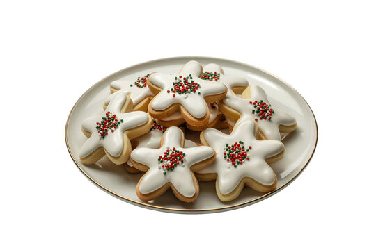 Festive star shaped cookies decorated with icing and sprinkles isolated on transparent background