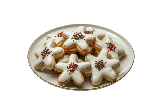 Festive star shaped cookies decorated with icing and sprinkles isolated on transparent background
