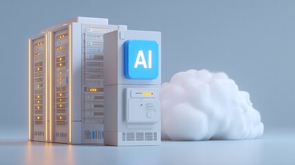 A-i computation and data storage concept shown with large white server racks and cloud structure