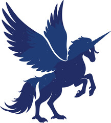 Majestic flying unicorn silhouette with wings, fantasy pegasus illustration, magical night sky horse design, mythical creature vector art for decoration
