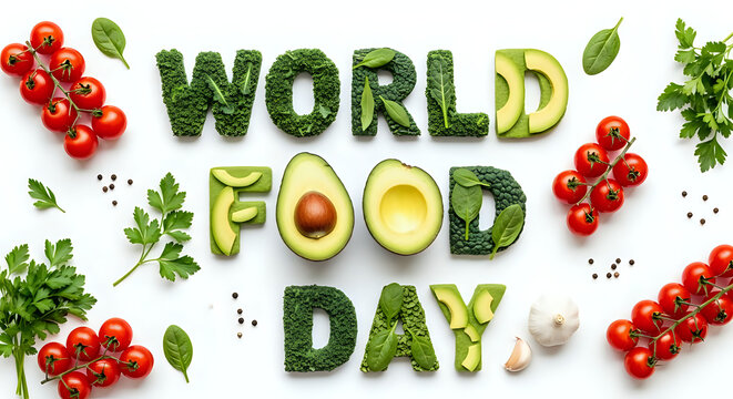 World food day text made of vegetables and fruits on a white background flat lay top view concept - Powered by Adobe