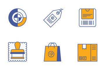 Detailed flat vector icons for logistics, showing tag, bag, box, representing delivery, shipping, and retail,