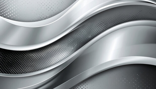 Abstract silver and grey metallic background with dynamic wavy lines and textured surfaces.
