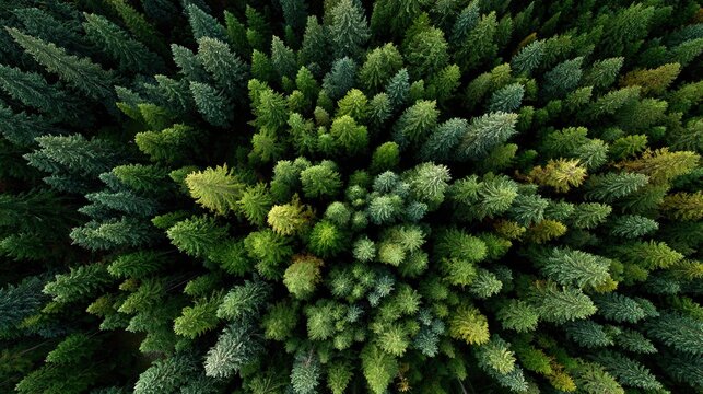 Aerial view of dense coniferous forest canopy showing various shades of green foliage texture