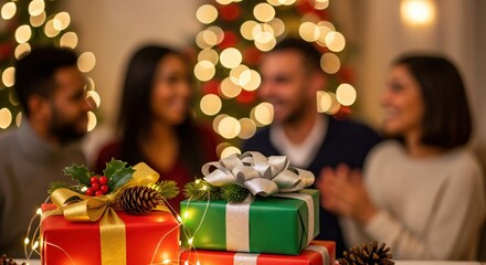 Beautifully wrapped Christmas gifts with festive decorations and string lights, with a diverse group of blurred happy adult friends celebrating the holiday season indoors.