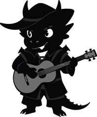 Cartoon dragon playing guitar wearing hat and coat, cute fantasy creature illustration for music, animation, mascot, and character design