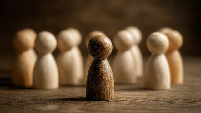 Dark wood peg doll standing out from light figures symbolizing diversity and individuality.