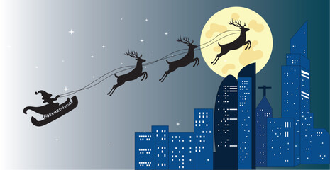 Santa's sleigh on city skyline at night on moon background. - stock illustration