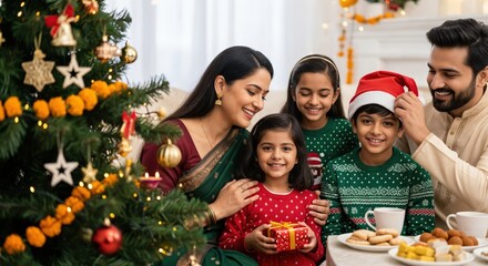Happy Indo-ethnic family celebrating festive season at home, father putting Santa hat on son, mother and daughters smiling with Christmas tree and traditional sweets.