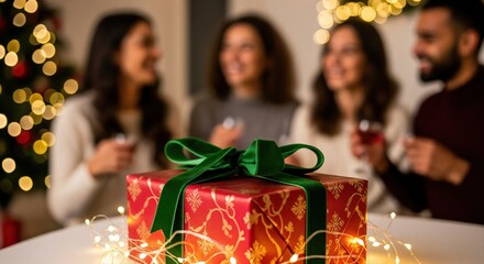 Festive red gift box with green ribbon and string lights on a table, with blurred happy friends celebrating holidays in the background