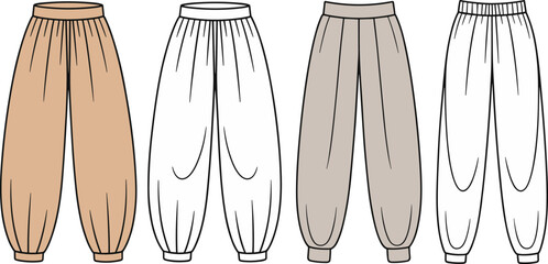 Loose fit pants fashion sketch, gathered waist and ankle design, casual style, front view, color variation, apparel template, illustration