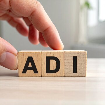 Finger placing wooden blocks spelling ADI on a light surface