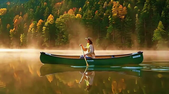 Cinematic 8K footage of a traveler in a beige sweater and hat rowing a canoe through misty mountain waters, soft natural light and forest reflections create calm, scenic balance.