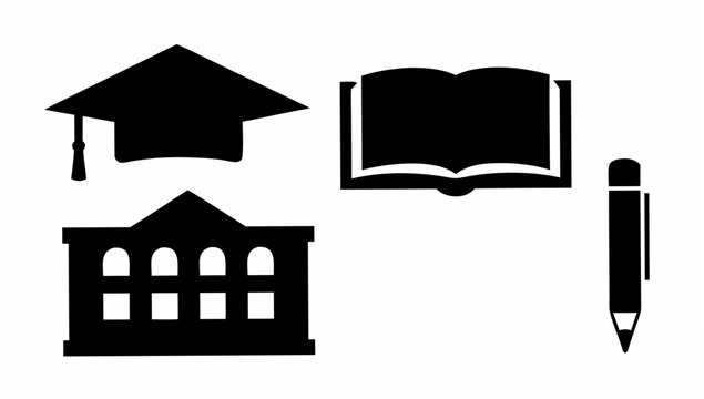 Celebrating academic achievement and education, a graduation cap, book, pencil, and school building symbolize learning and success in higher education