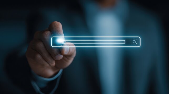 Professional hand touching glowing search bar for global information and networking concept.